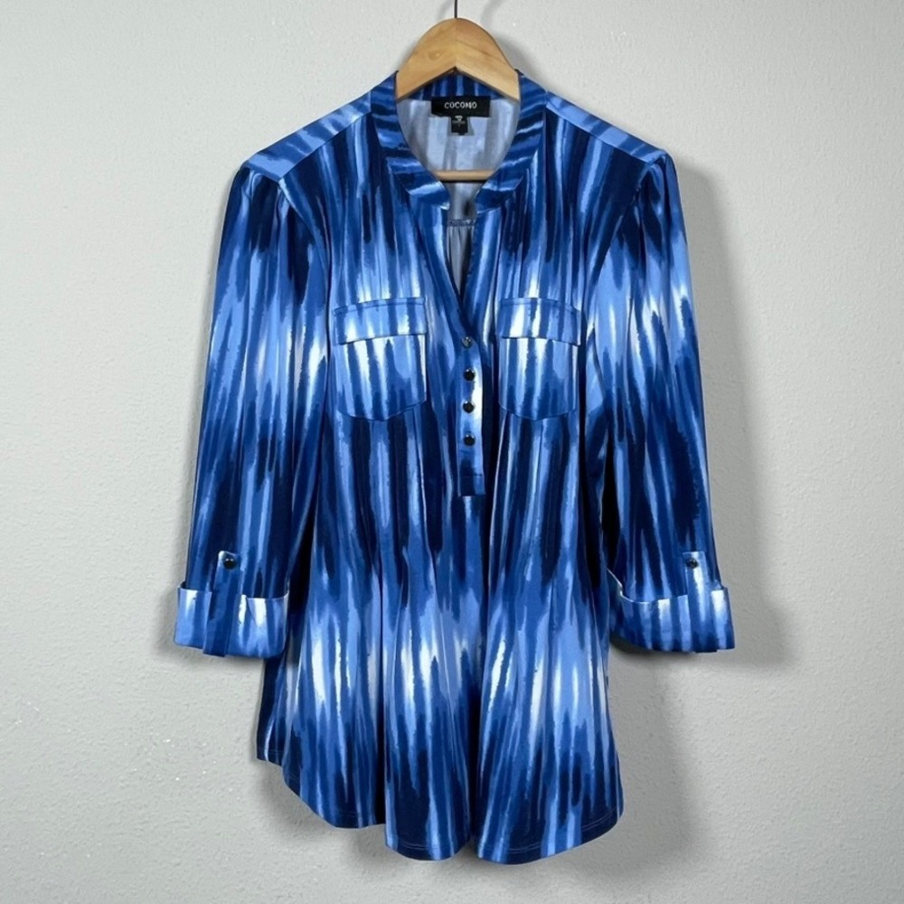 Cocomo Button Front Tunic Womens Large Blue White Abstract Stripe 3/4 Sleeve Top